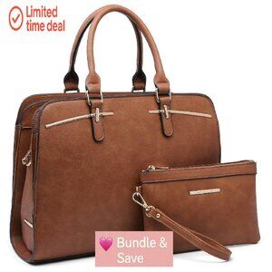 Vegan Leather Satchel Purse Set with 3 Compartments & Adjustable Strap